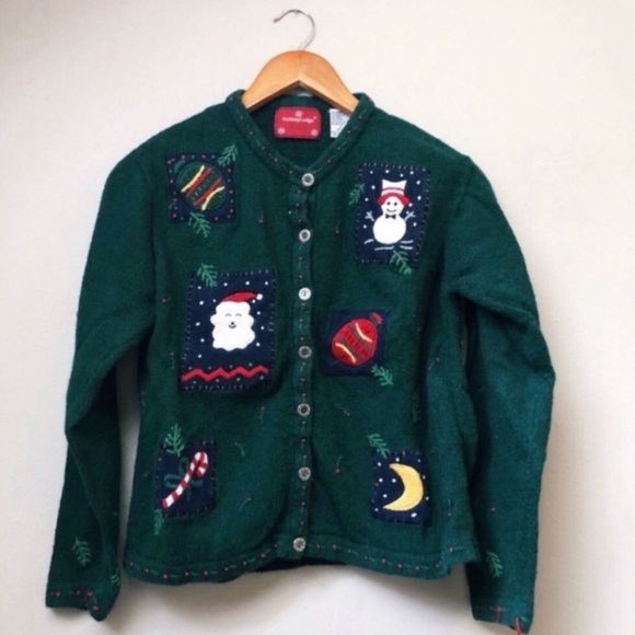 “Ugly” Christmas Sweater Green Button Appliqué - Picture 1 of 7